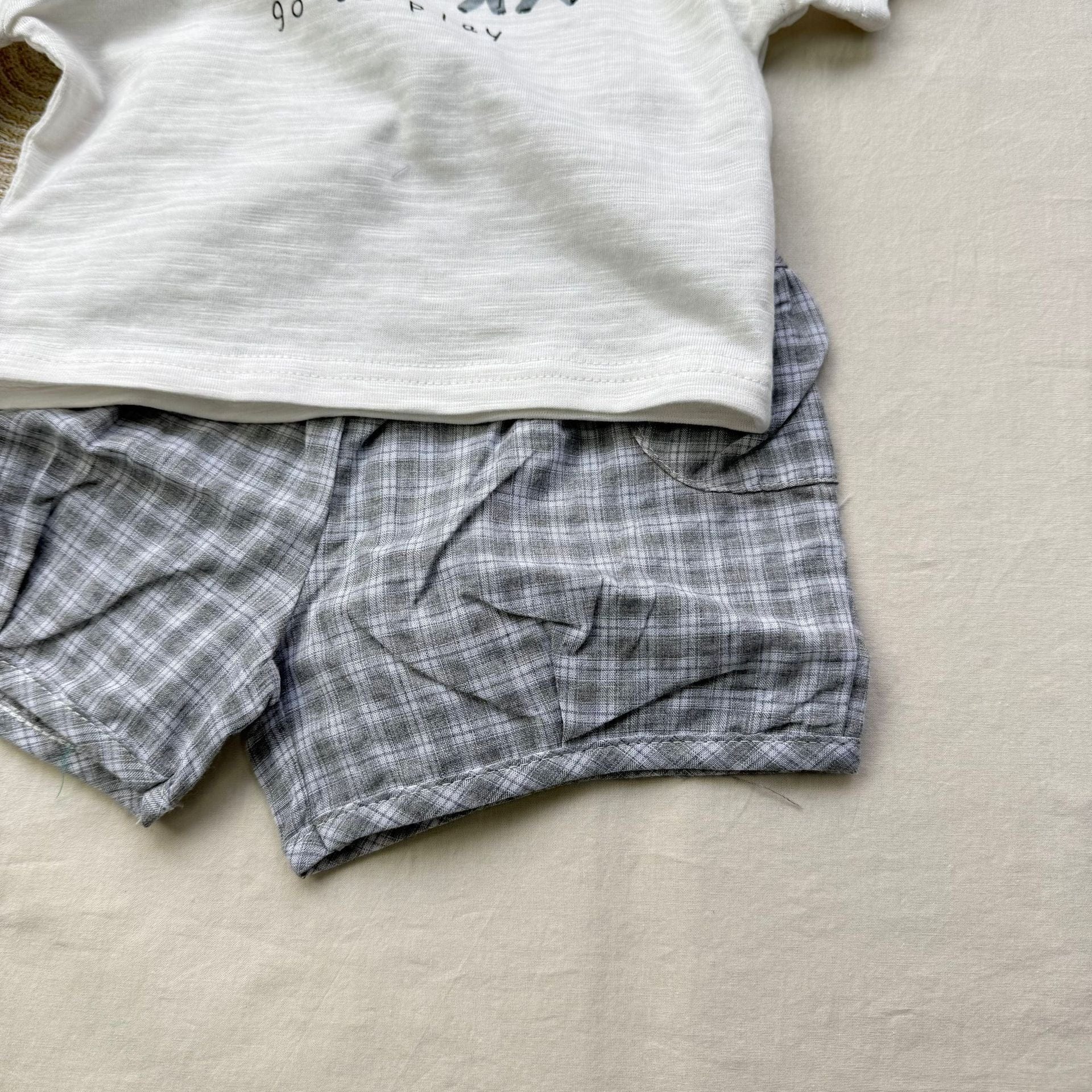 半袖セットアップ 象プリント半袖Tシャツ+チェックショートパンツセットアップ 2点セット【mh0010418】