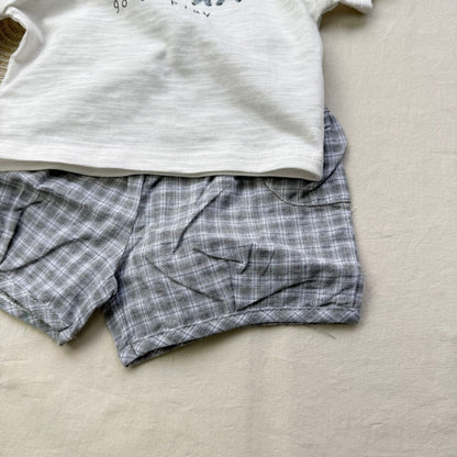 半袖セットアップ 象プリント半袖Tシャツ+チェックショートパンツセットアップ 2点セット【mh0010418】