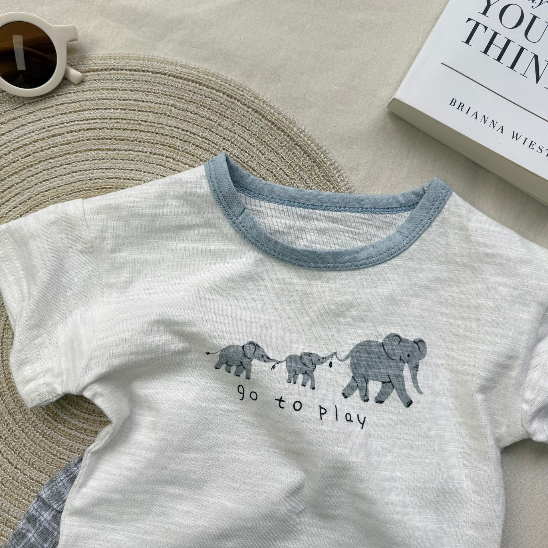 半袖セットアップ 象プリント半袖Tシャツ+チェックショートパンツセットアップ 2点セット【mh0010418】