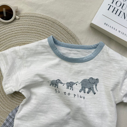 半袖セットアップ 象プリント半袖Tシャツ+チェックショートパンツセットアップ 2点セット【mh0010418】