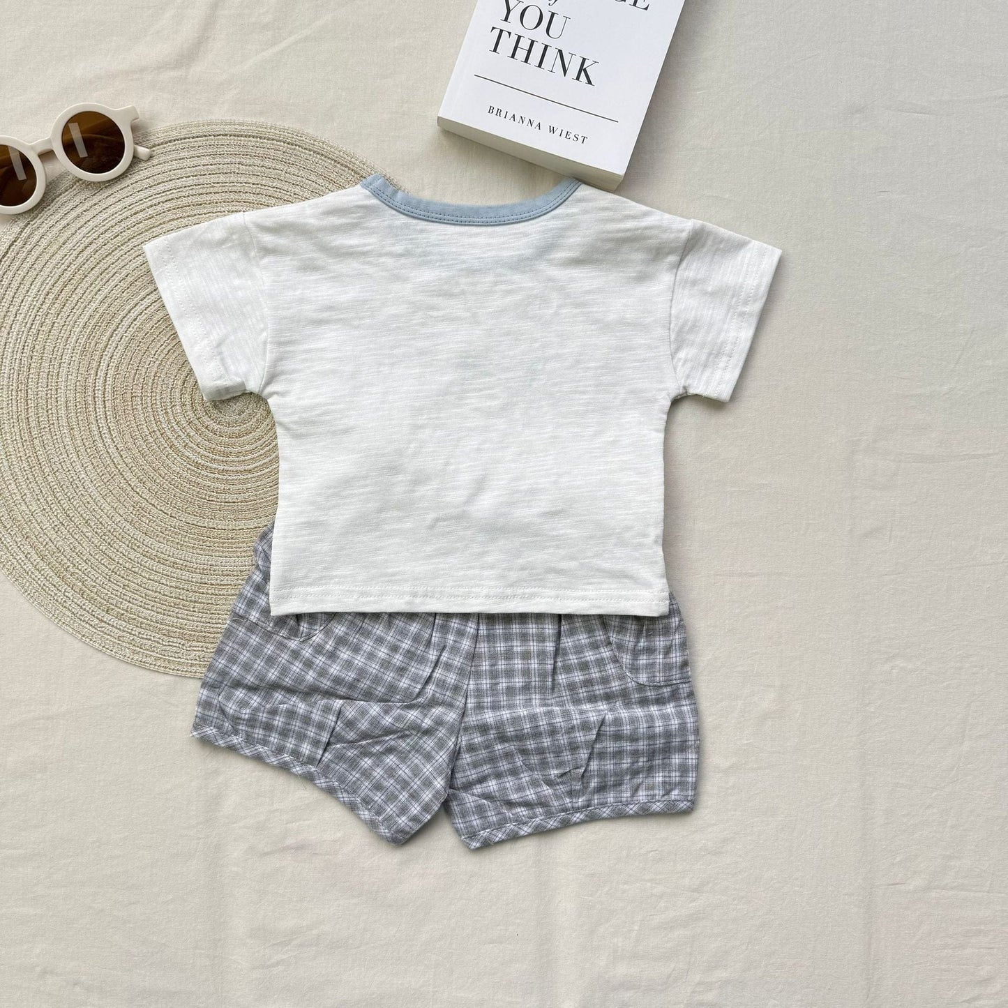 半袖セットアップ 象プリント半袖Tシャツ+チェックショートパンツセットアップ 2点セット【mh0010418】