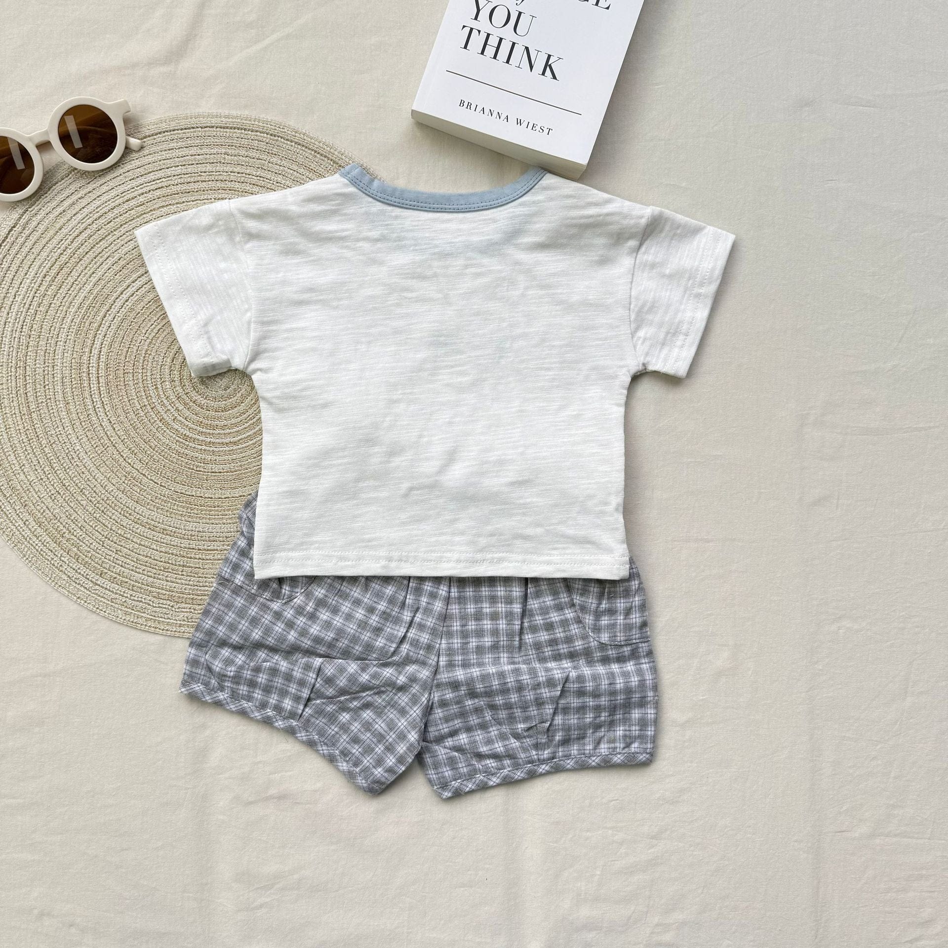 半袖セットアップ 象プリント半袖Tシャツ+チェックショートパンツセットアップ 2点セット【mh0010418】