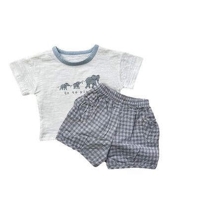 半袖セットアップ 象プリント半袖Tシャツ+チェックショートパンツセットアップ 2点セット【mh0010418】