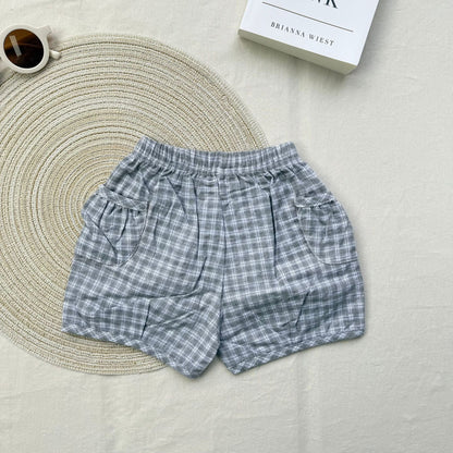 半袖セットアップ 象プリント半袖Tシャツ+チェックショートパンツセットアップ 2点セット【mh0010418】