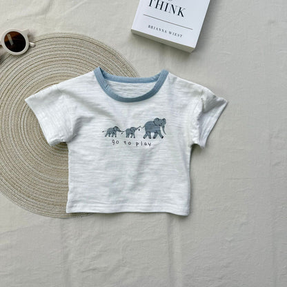 半袖セットアップ 象プリント半袖Tシャツ+チェックショートパンツセットアップ 2点セット【mh0010418】