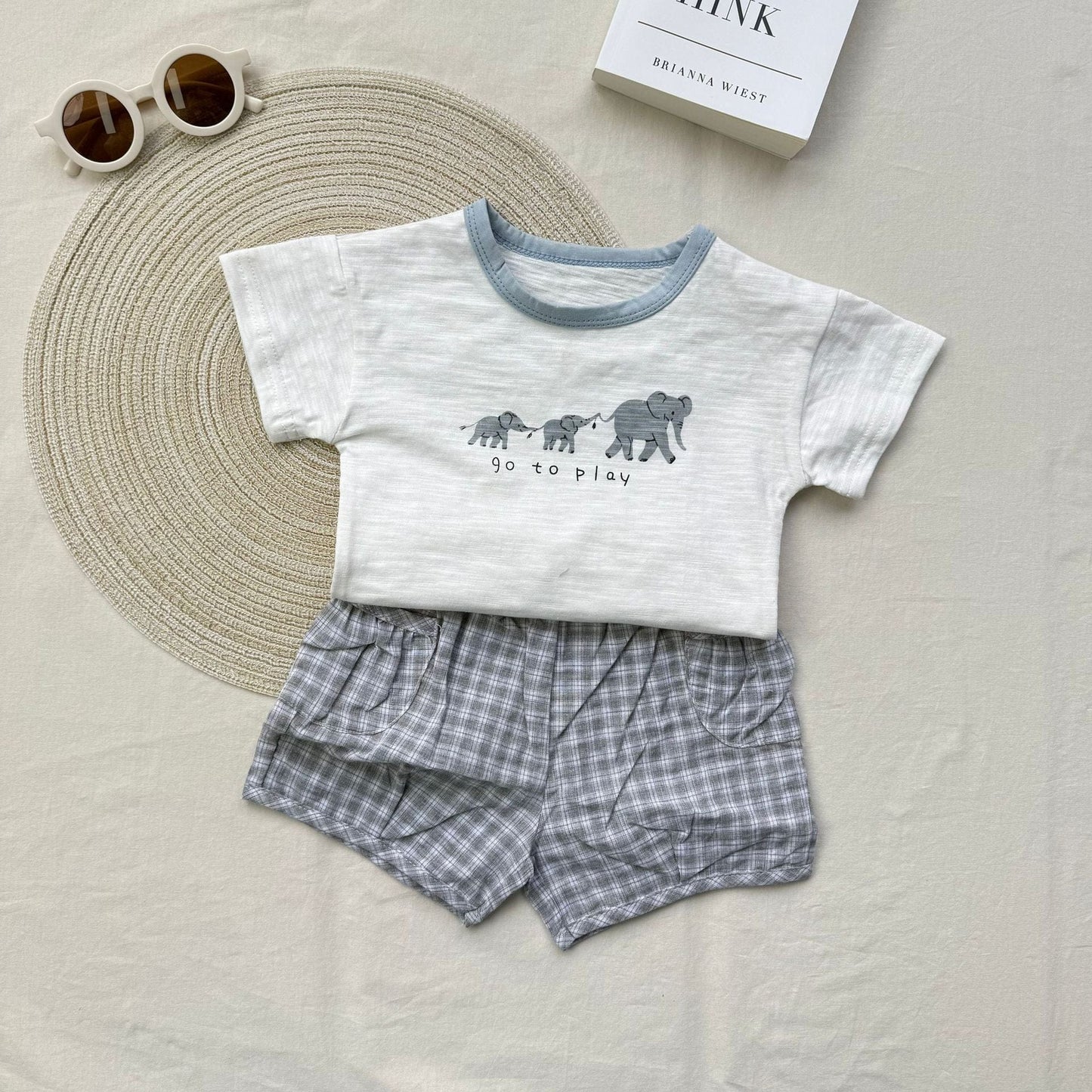 半袖セットアップ 象プリント半袖Tシャツ+チェックショートパンツセットアップ 2点セット【mh0010418】