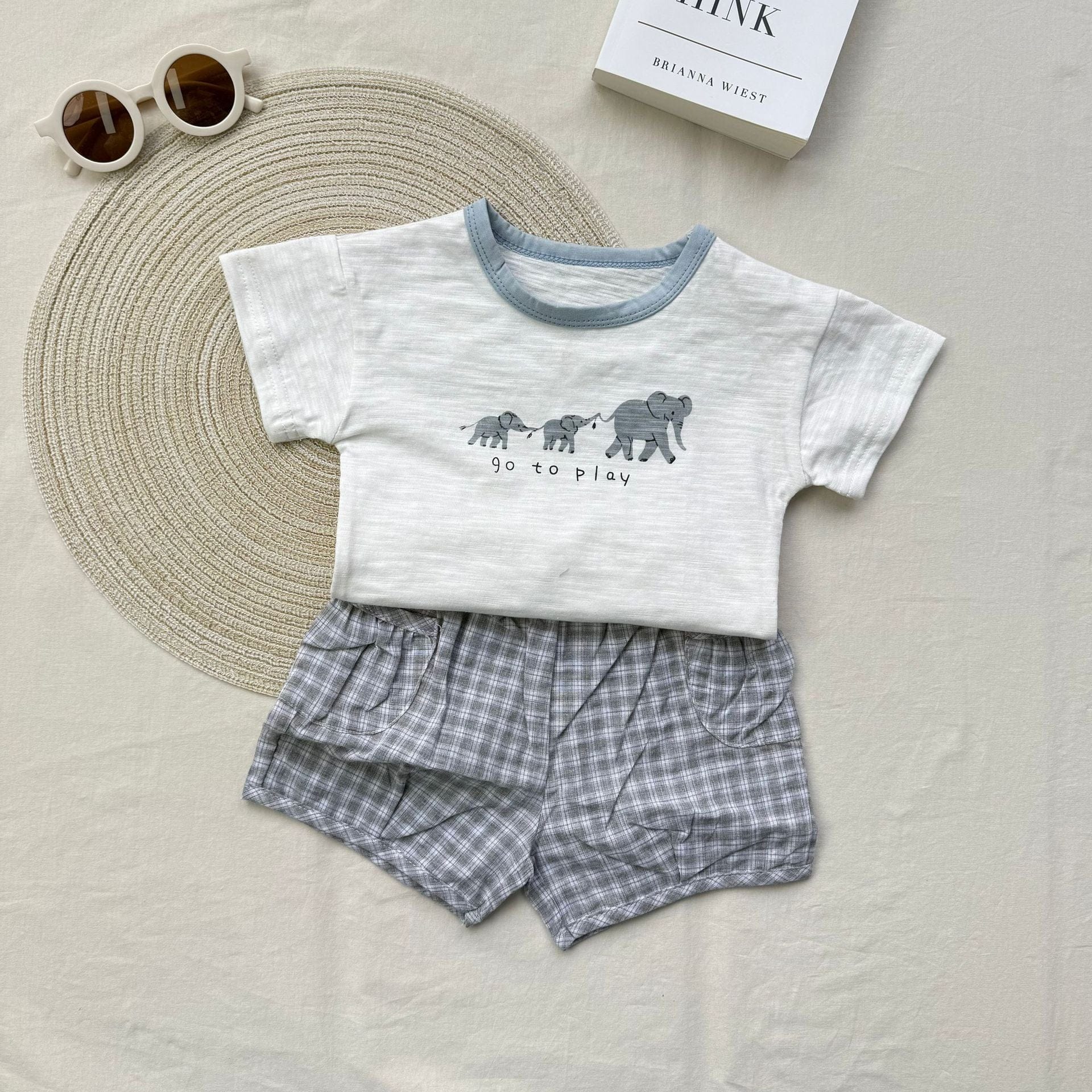 半袖セットアップ 象プリント半袖Tシャツ+チェックショートパンツセットアップ 2点セット【mh0010418】