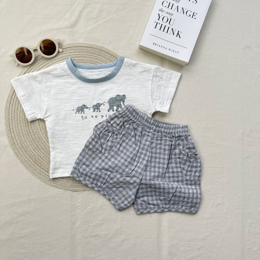 半袖セットアップ 象プリント半袖Tシャツ+チェックショートパンツセットアップ 2点セット【mh0010418】