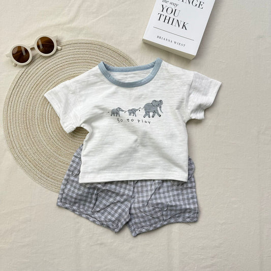 半袖セットアップ 象プリント半袖Tシャツ+チェックショートパンツセットアップ 2点セット【mh0010418】