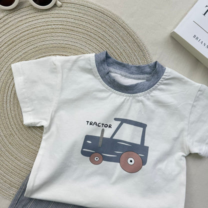 半袖セットアップ トラクタープリント半袖Tシャツ+ストライプショートパンツセットアップ 2点セット【mh0010419】