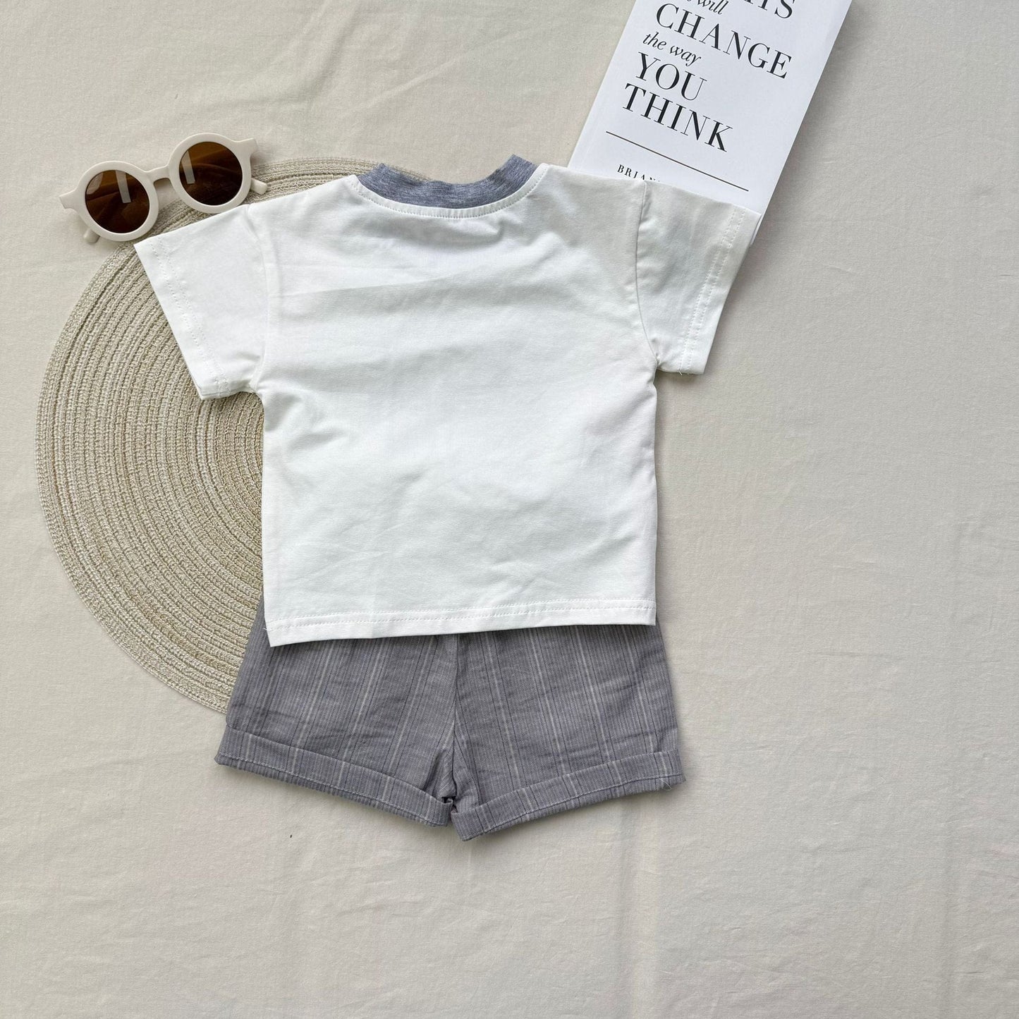 半袖セットアップ トラクタープリント半袖Tシャツ+ストライプショートパンツセットアップ 2点セット【mh0010419】