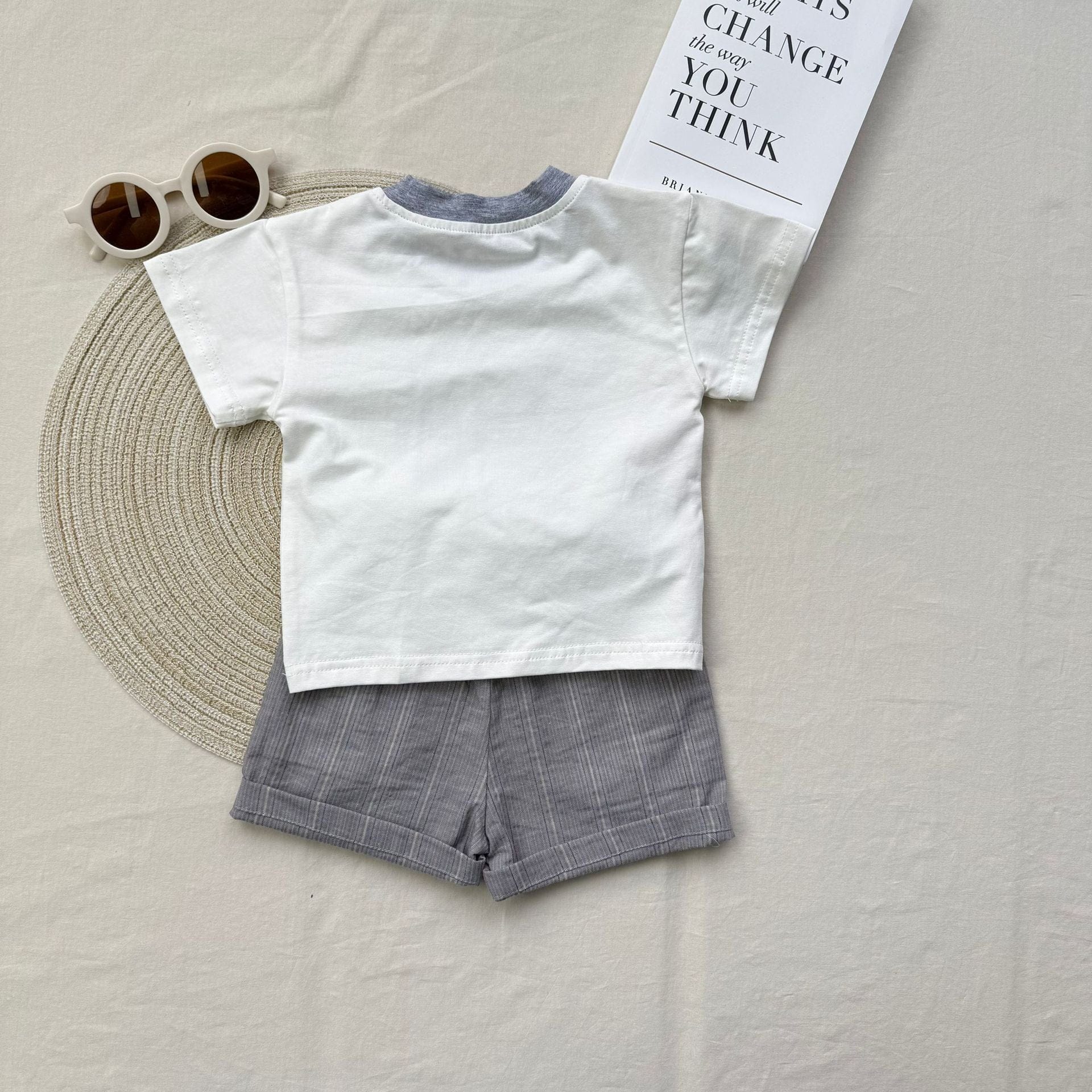 半袖セットアップ トラクタープリント半袖Tシャツ+ストライプショートパンツセットアップ 2点セット【mh0010419】