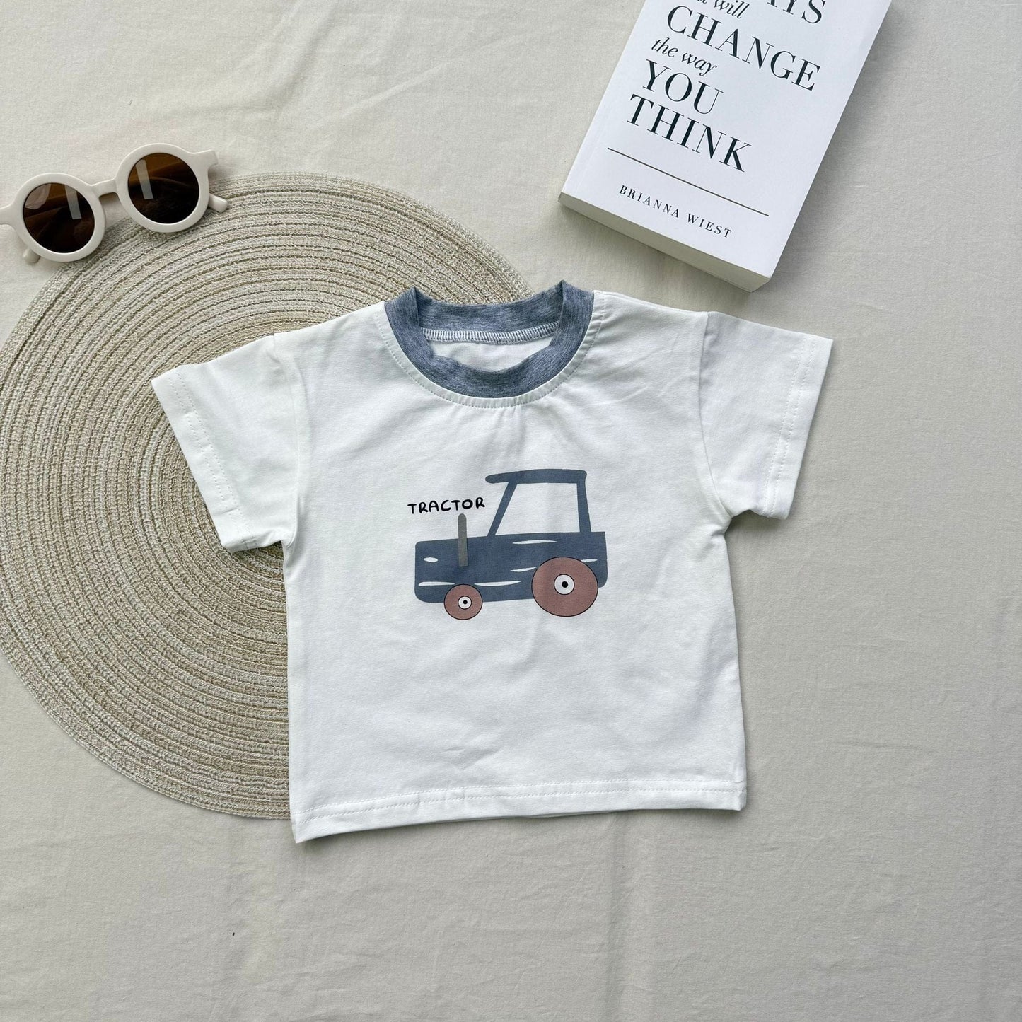 半袖セットアップ トラクタープリント半袖Tシャツ+ストライプショートパンツセットアップ 2点セット【mh0010419】