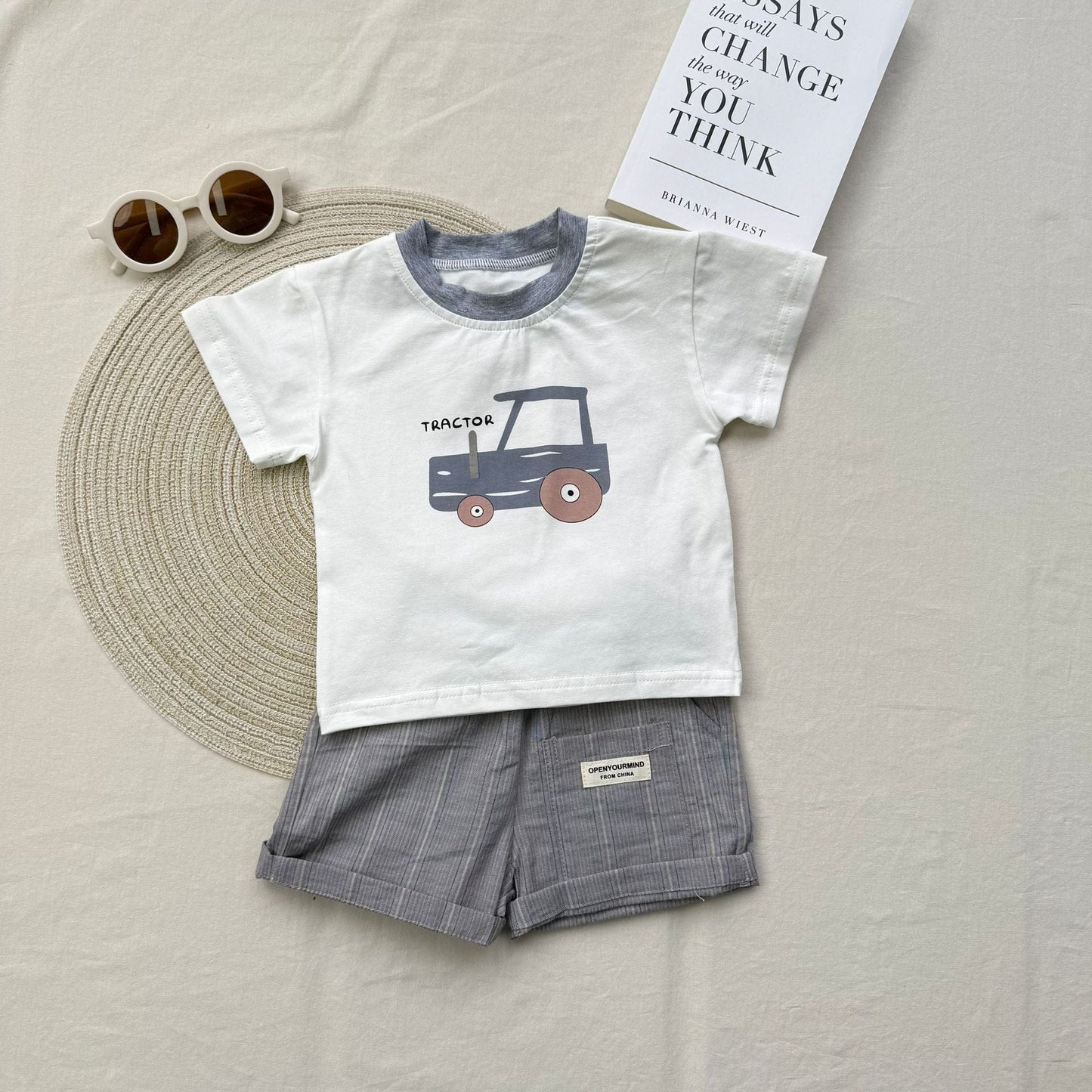 半袖セットアップ トラクタープリント半袖Tシャツ+ストライプショートパンツセットアップ 2点セット【mh0010419】