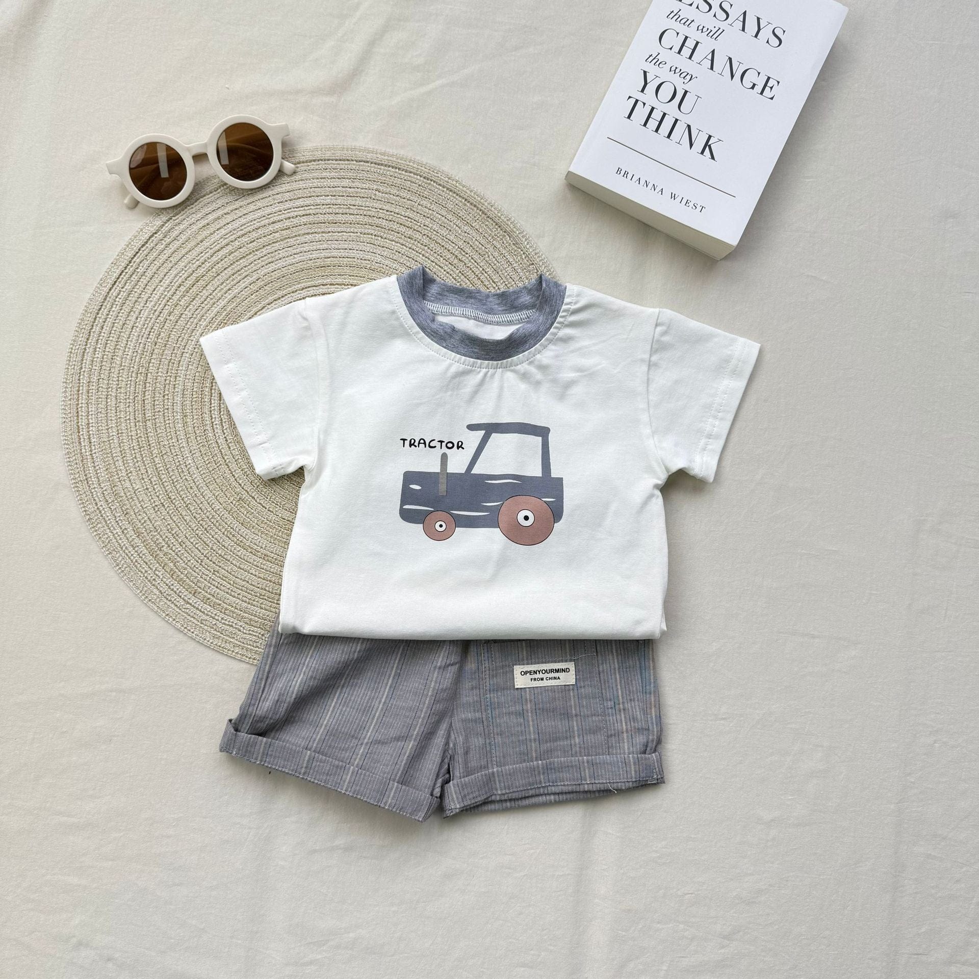 半袖セットアップ トラクタープリント半袖Tシャツ+ストライプショートパンツセットアップ 2点セット【mh0010419】