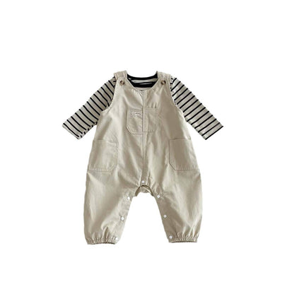 長袖セットアップ ボーダーTシャツ+オーバーオールセットアップ2点セットサロペット【mh0010918】