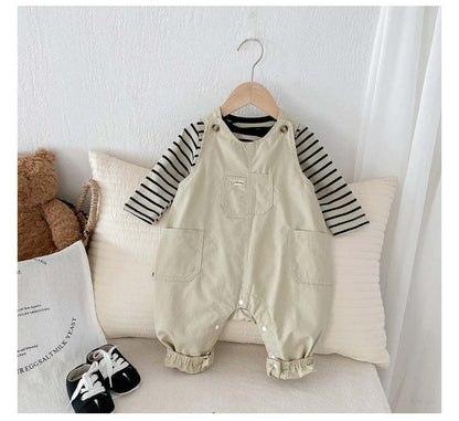 長袖セットアップ ボーダーTシャツ+オーバーオールセットアップ2点セットサロペット【mh0010918】