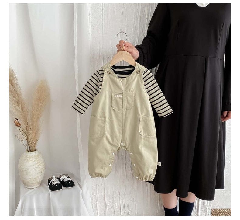 長袖セットアップ ボーダーTシャツ+オーバーオールセットアップ2点セットサロペット【mh0010918】