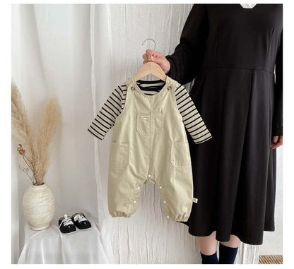 長袖セットアップ ボーダーTシャツ+オーバーオールセットアップ2点セットサロペット【mh0010918】