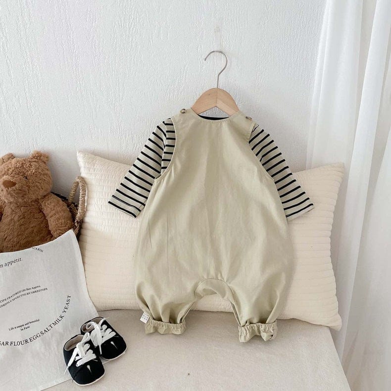 長袖セットアップ ボーダーTシャツ+オーバーオールセットアップ2点セットサロペット【mh0010918】