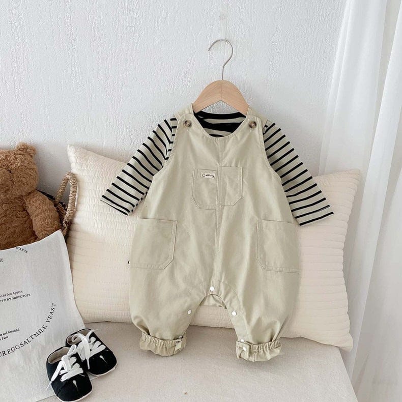 長袖セットアップ ボーダーTシャツ+オーバーオールセットアップ2点セットサロペット【mh0010918】