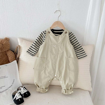 長袖セットアップ ボーダーTシャツ+オーバーオールセットアップ2点セットサロペット【mh0010918】