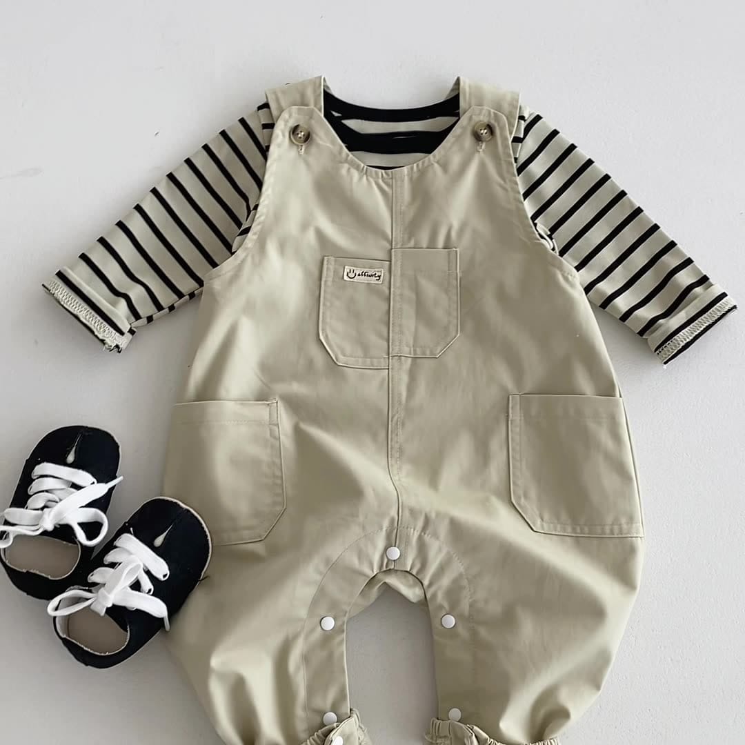 長袖セットアップ ボーダーTシャツ+オーバーオールセットアップ2点セットサロペット【mh0010918】