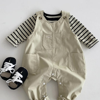 長袖セットアップ ボーダーTシャツ+オーバーオールセットアップ2点セットサロペット【mh0010918】