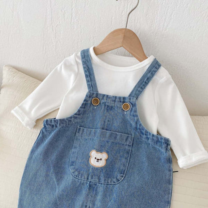 長袖セットアップ くま刺繍デニムサロペット+長袖Tシャツセットアップ 2点セット【mh0010922】