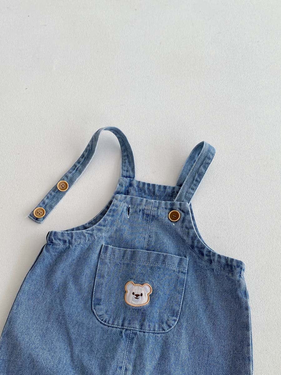 長袖セットアップ くま刺繍デニムサロペット+長袖Tシャツセットアップ 2点セット【mh0010922】