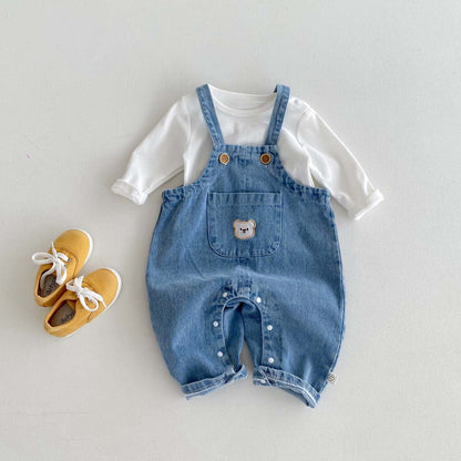 長袖セットアップ くま刺繍デニムサロペット+長袖Tシャツセットアップ 2点セット【mh0010922】