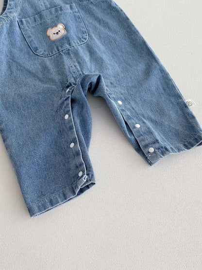 長袖セットアップ くま刺繍デニムサロペット+長袖Tシャツセットアップ 2点セット【mh0010922】