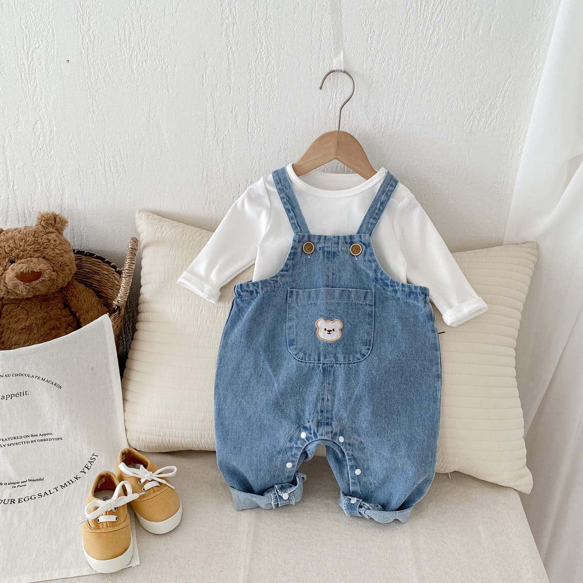 長袖セットアップ くま刺繍デニムサロペット+長袖Tシャツセットアップ 2点セット【mh0010922】