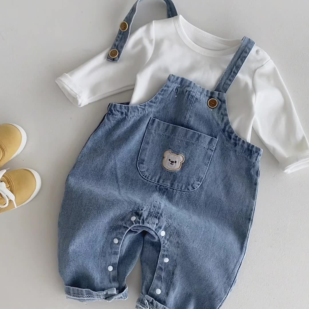 長袖セットアップ くま刺繍デニムサロペット+長袖Tシャツセットアップ 2点セット【mh0010922】