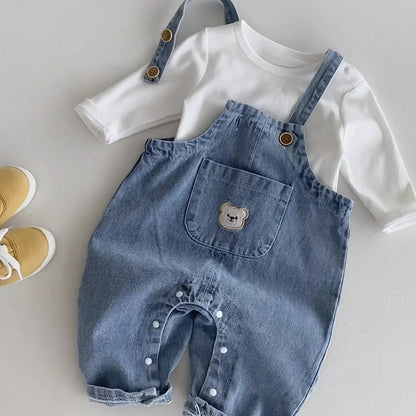 長袖セットアップ くま刺繍デニムサロペット+長袖Tシャツセットアップ 2点セット【mh0010922】