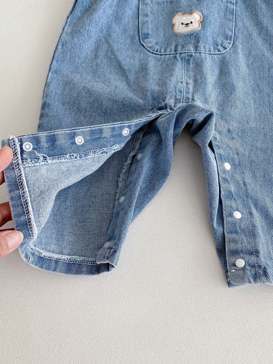 長袖セットアップ くま刺繍デニムサロペット+長袖Tシャツセットアップ 2点セット【mh0010922】