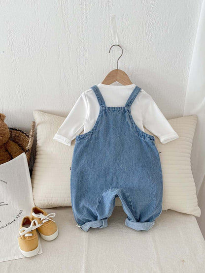 長袖セットアップ くま刺繍デニムサロペット+長袖Tシャツセットアップ 2点セット【mh0010922】