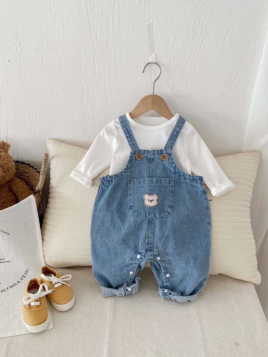 長袖セットアップ くま刺繍デニムサロペット+長袖Tシャツセットアップ 2点セット【mh0010922】