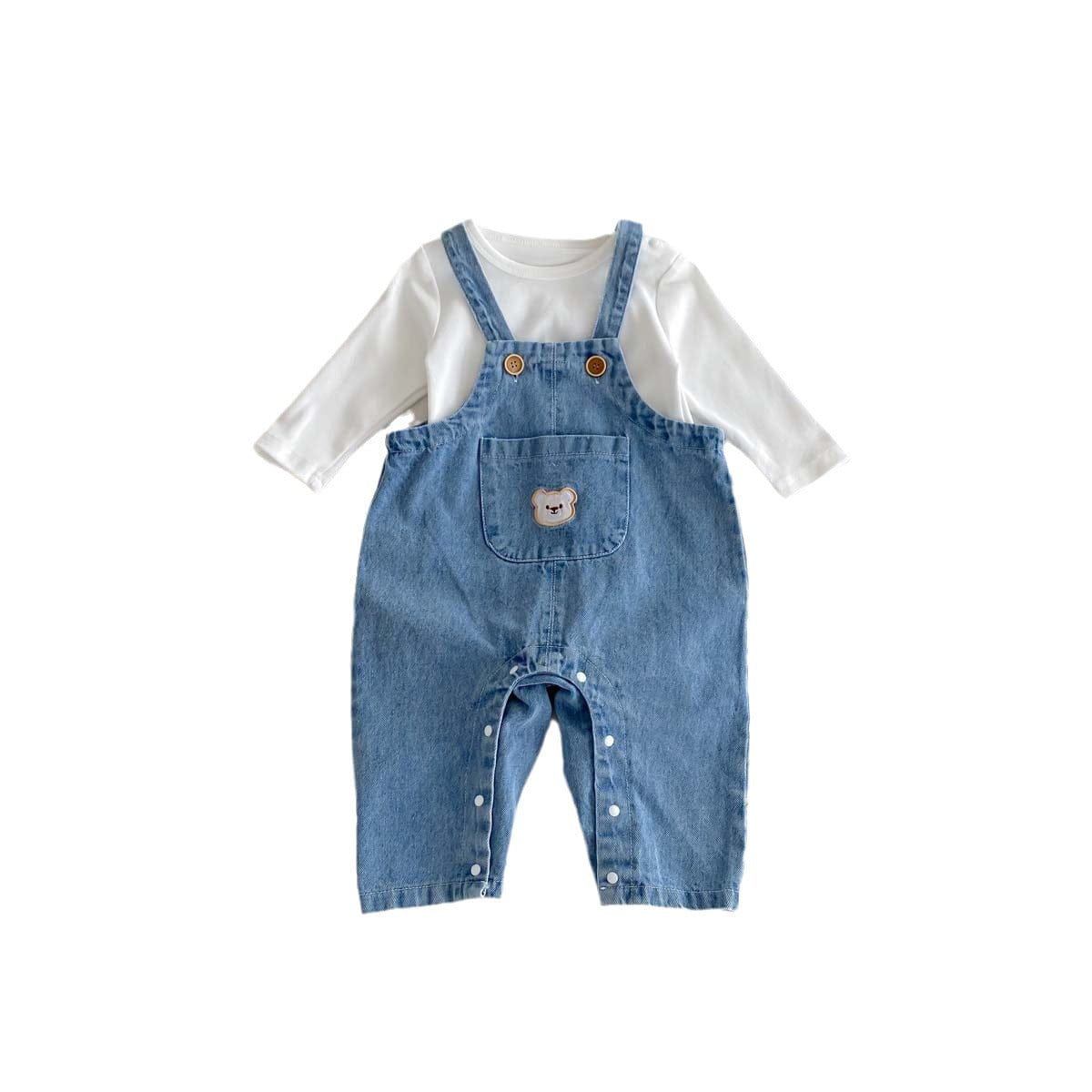 長袖セットアップ くま刺繍デニムサロペット+長袖Tシャツセットアップ 2点セット【mh0010922】