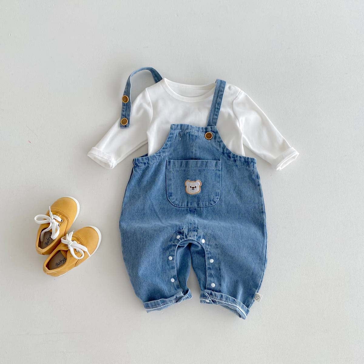 長袖セットアップ くま刺繍デニムサロペット+長袖Tシャツセットアップ 2点セット【mh0010922】