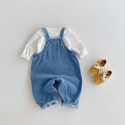 長袖セットアップ くま刺繍デニムサロペット+長袖Tシャツセットアップ 2点セット【mh0010922】