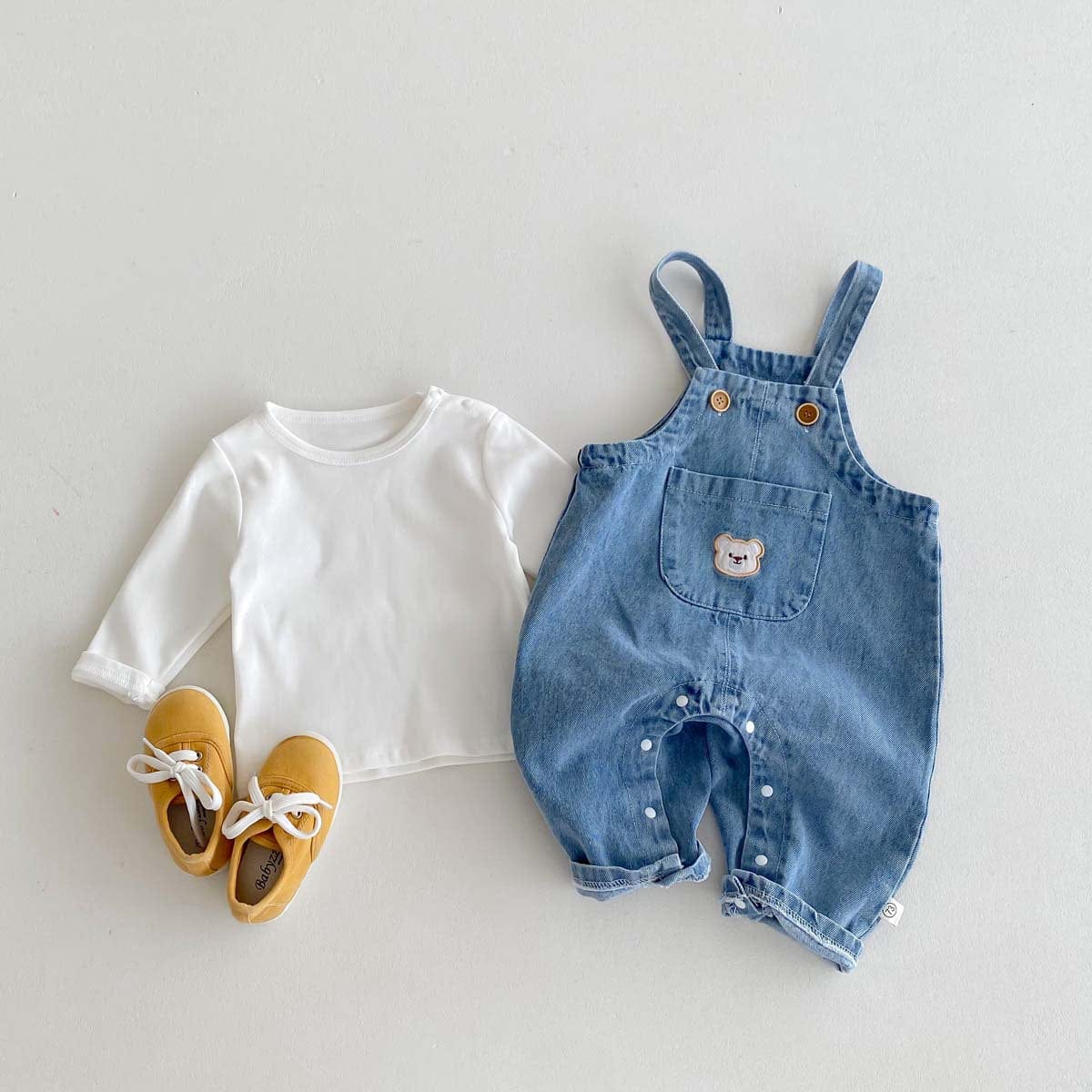 長袖セットアップ くま刺繍デニムサロペット+長袖Tシャツセットアップ 2点セット【mh0010922】