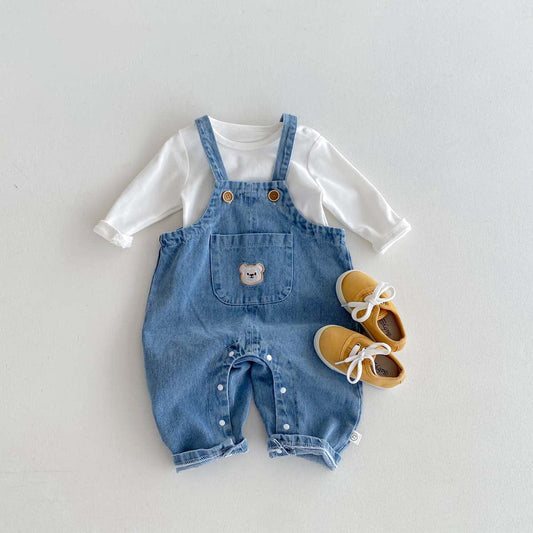 長袖セットアップ くま刺繍デニムサロペット+長袖Tシャツセットアップ 2点セット【mh0010922】