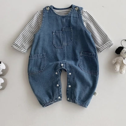 長袖セットアップ ボーダーTシャツ+デニムオーバーオール セットアップ 2点セット【mh0010928】