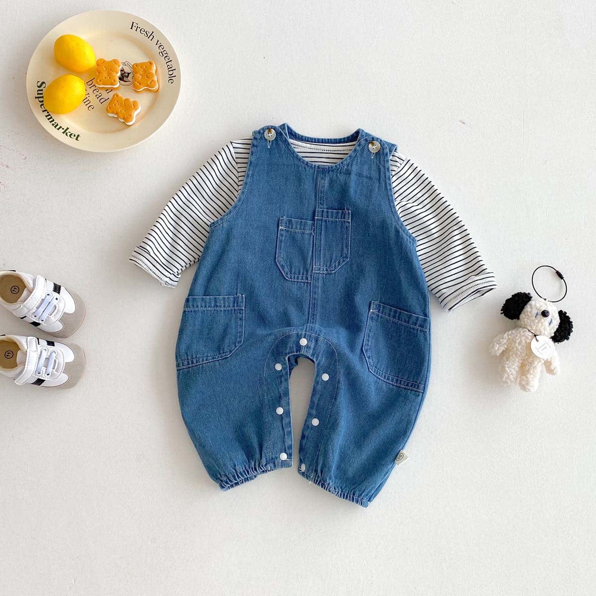 長袖セットアップ ボーダーTシャツ+デニムオーバーオール セットアップ 2点セット【mh0010928】