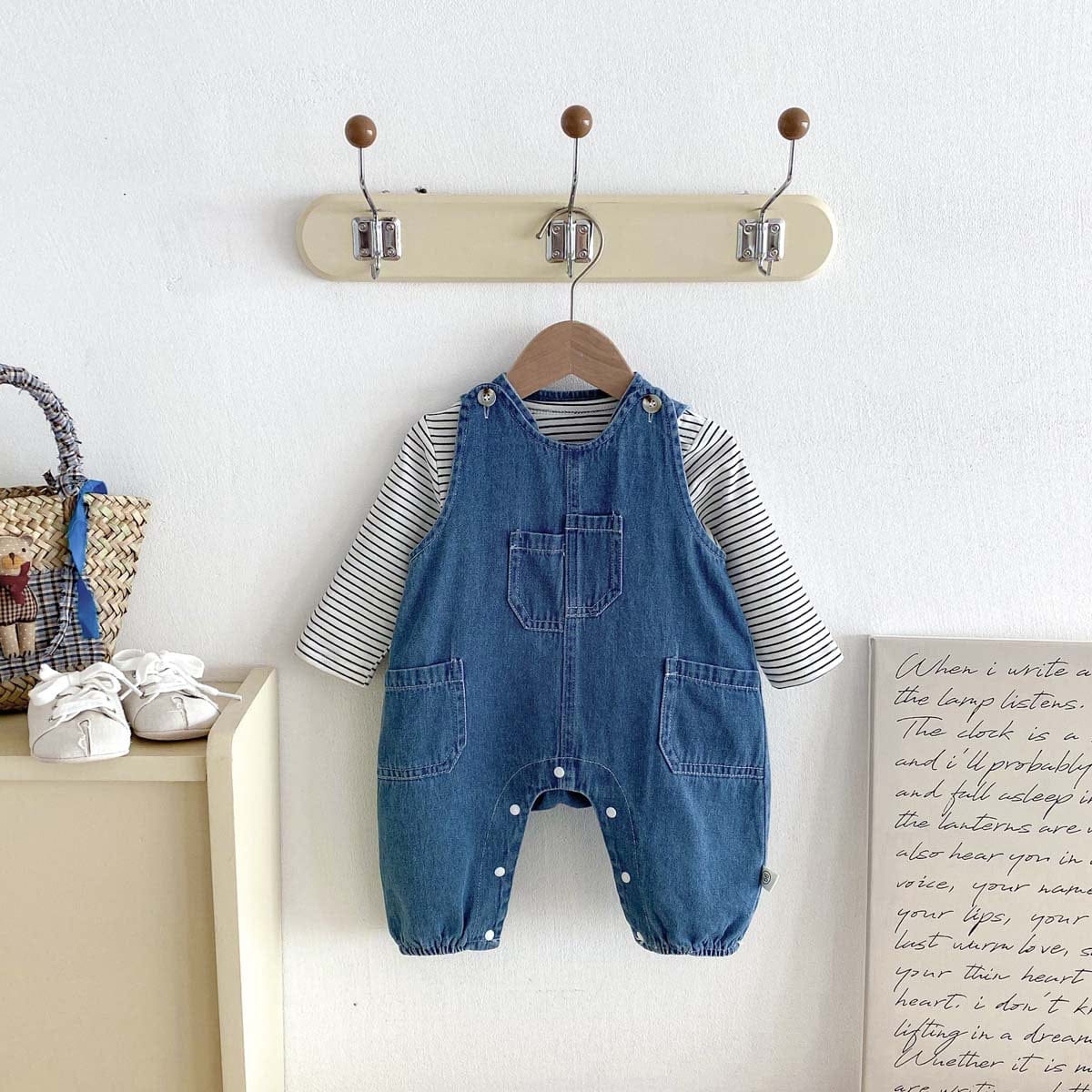 長袖セットアップ ボーダーTシャツ+デニムオーバーオール セットアップ 2点セット【mh0010928】