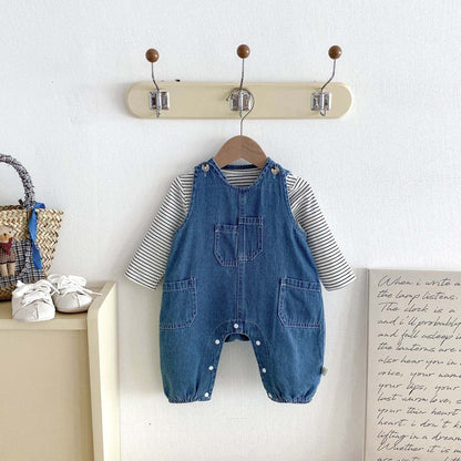 長袖セットアップ ボーダーTシャツ+デニムオーバーオール セットアップ 2点セット【mh0010928】