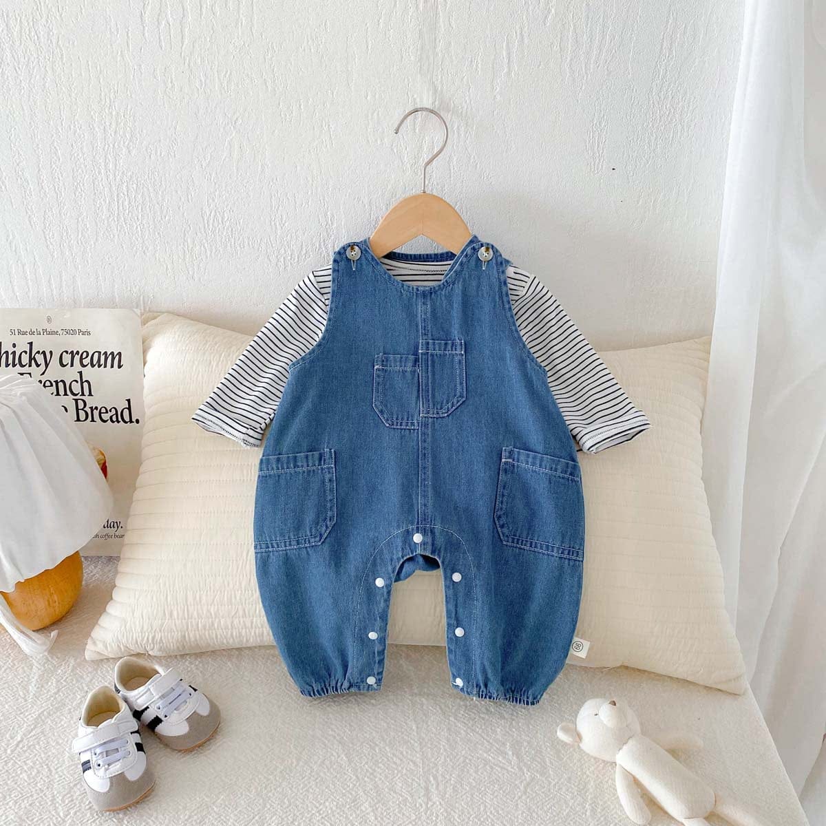 長袖セットアップ ボーダーTシャツ+デニムオーバーオール セットアップ 2点セット【mh0010928】