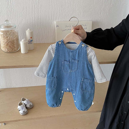 長袖セットアップ ボーダーTシャツ+デニムオーバーオール セットアップ 2点セット【mh0010928】