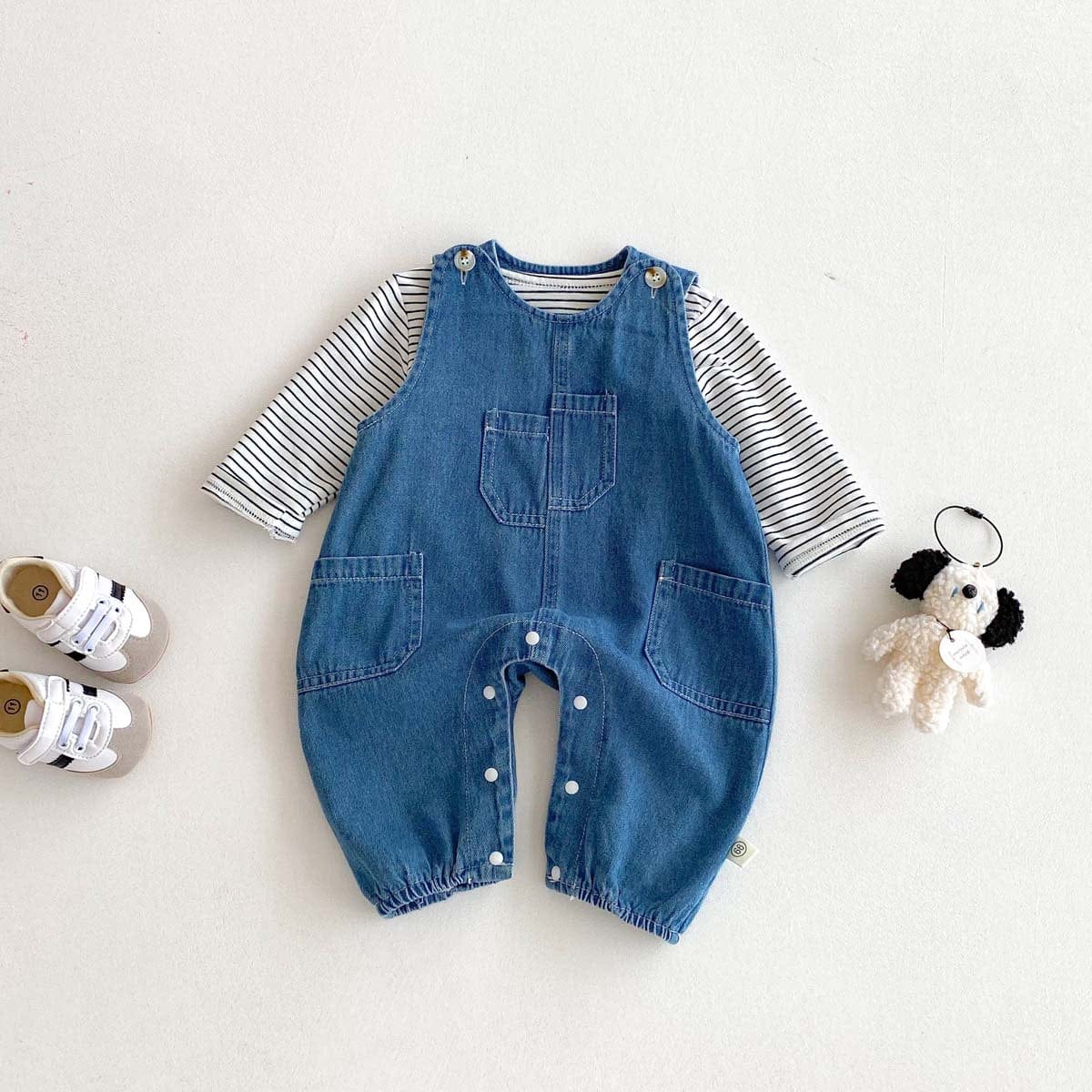 長袖セットアップ ボーダーTシャツ+デニムオーバーオール セットアップ 2点セット【mh0010928】